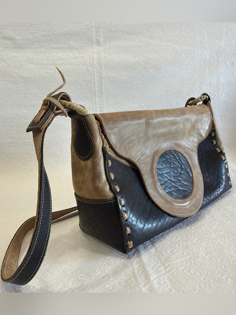 Thick Heavy Leather Purse Shoulder Bag Crossbody Brown Tan East West Satchel